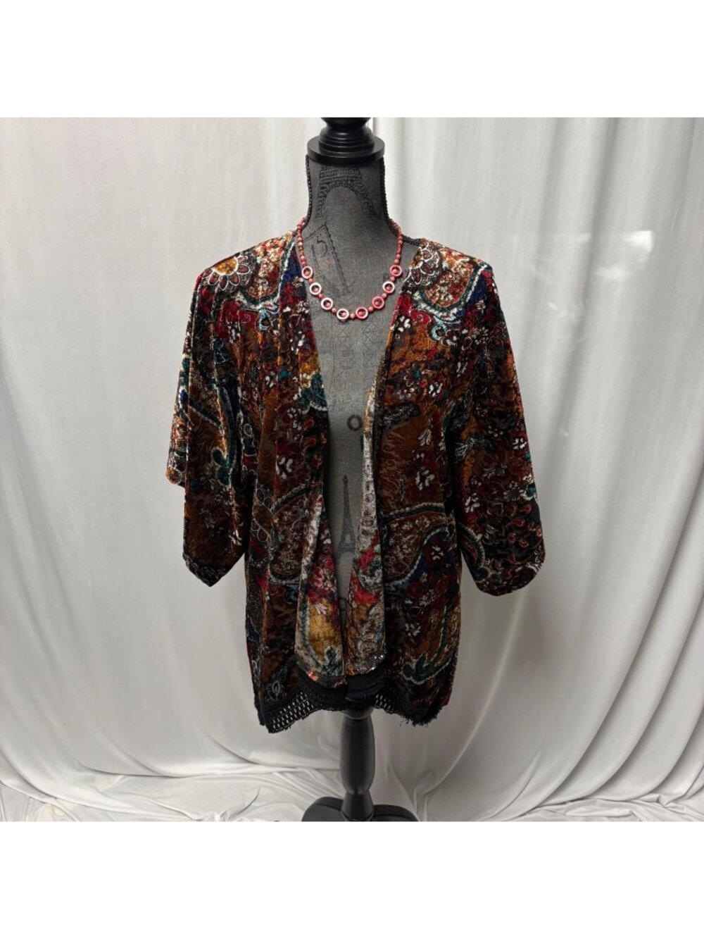 Wrangler Velvet Paisley Open Front Cardigan Womens Sz XL Crochet Hem Multicolor